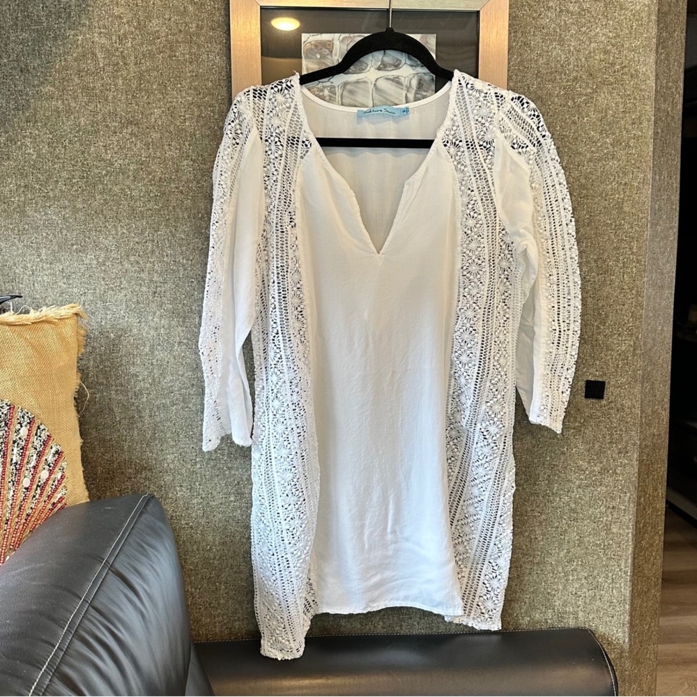 Solitaire Swim White‎ Crochet Lace Panel V-Neck Tunic Swim Cover Up Small Resort